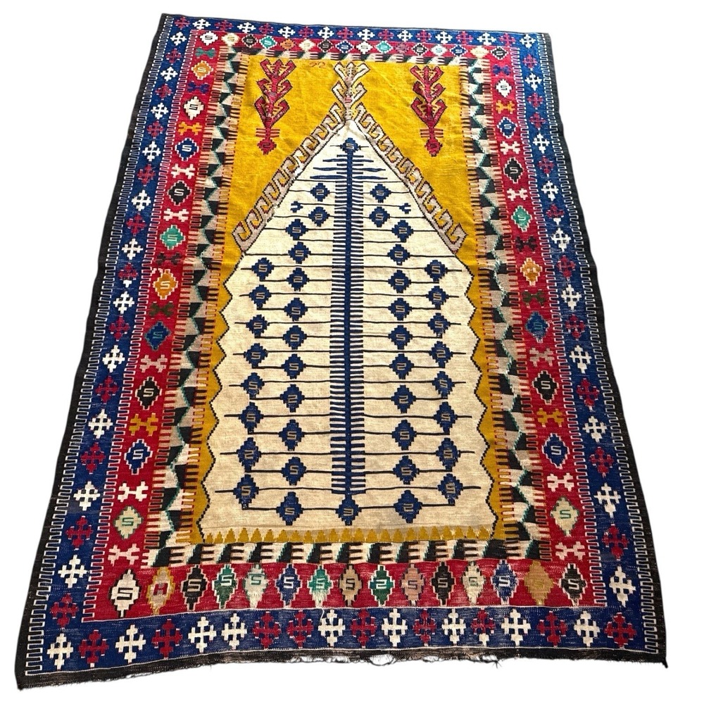 Vintage Handmade Kilim Woven Wool Rug From Central Turkey Obruk‎ Village 1970's